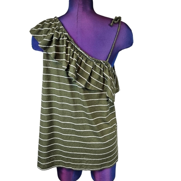 Old Navy Olive White Striped Linen Blend Ruffle One Shoulder Top Size Large Q79 - Picture 5 of 8
